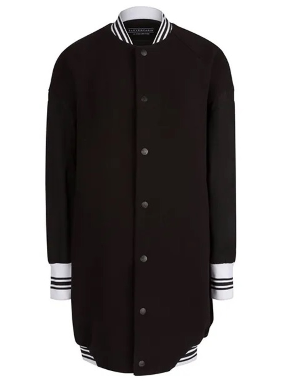 Eleven Paris Black Long Bomber Coat with White Stripe Trim